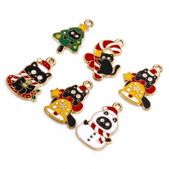 Picture of Zinc Based Alloy Christmas Charms Gold Plated Multicolor Cat Animal Enamel