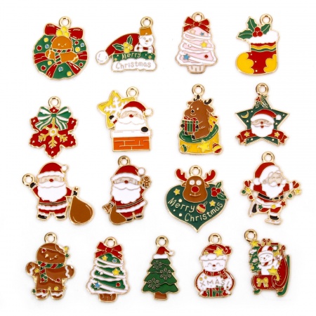 Zinc Based Alloy Christmas Charms Gold Plated Multicolor Christmas Santa Claus Christmas Tree Enamel