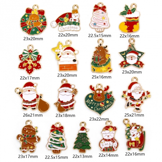 Picture of Zinc Based Alloy Christmas Charms Gold Plated Multicolor Christmas Santa Claus Christmas Tree Enamel