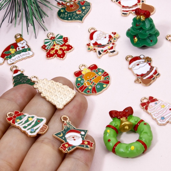 Picture of Zinc Based Alloy Christmas Charms Gold Plated Multicolor Christmas Santa Claus Christmas Tree Enamel