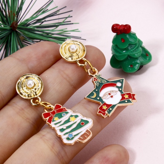 Picture of Zinc Based Alloy Christmas Charms Gold Plated Multicolor Christmas Santa Claus Christmas Tree Enamel