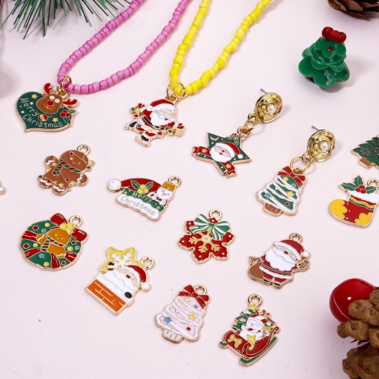 Picture of Zinc Based Alloy Christmas Charms Gold Plated Multicolor Christmas Santa Claus Christmas Tree Enamel