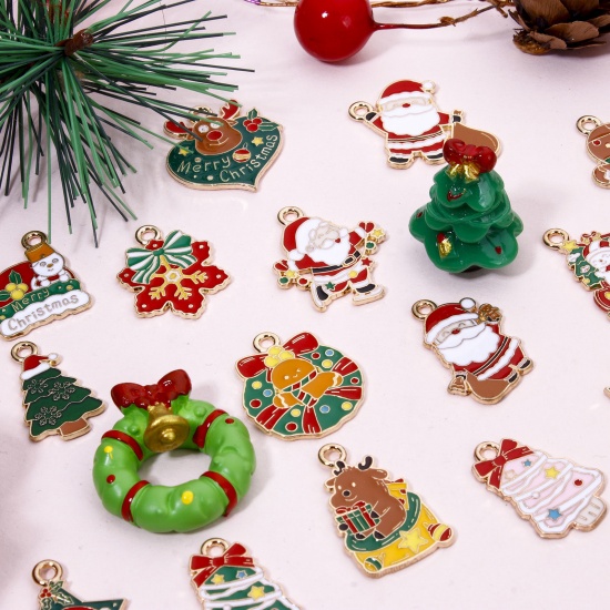 Picture of Zinc Based Alloy Christmas Charms Gold Plated Multicolor Christmas Santa Claus Christmas Tree Enamel