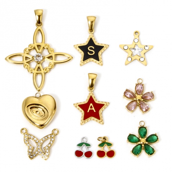 Image de 1 Pièce Pendentif Breloque en 304 Acier Inoxydable Placage Sous Vide Écologique Papillon Doré Pentacle à Strass Coloré