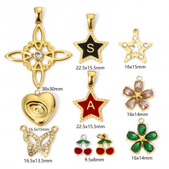 Image de 1 Pièce Pendentif Breloque en 304 Acier Inoxydable Placage Sous Vide Écologique Papillon Doré Pentacle à Strass Coloré