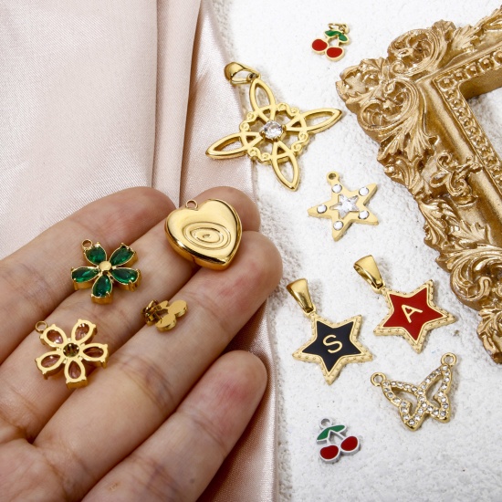 Image de 1 Pièce Pendentif Breloque en 304 Acier Inoxydable Placage Sous Vide Écologique Papillon Doré Pentacle à Strass Coloré