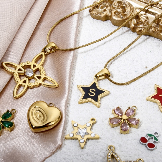 Image de 1 Pièce Pendentif Breloque en 304 Acier Inoxydable Placage Sous Vide Écologique Papillon Doré Pentacle à Strass Coloré