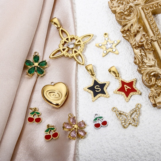 Image de 1 Pièce Pendentif Breloque en 304 Acier Inoxydable Placage Sous Vide Écologique Papillon Doré Pentacle à Strass Coloré