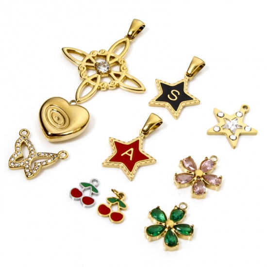 Image de 1 Pièce Pendentif Breloque en 304 Acier Inoxydable Placage Sous Vide Écologique Papillon Doré Pentacle à Strass Coloré