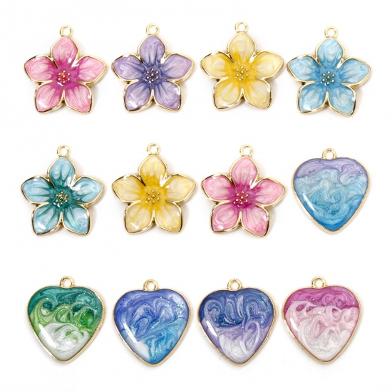 Picture of Zinc Based Alloy Charms Gold Plated Gradient Color Multicolor Pearlized Flower Heart Enamel