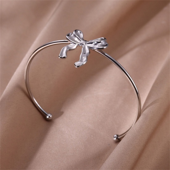 Picture of 304 Stainless Steel Open Cuff Bangles Bracelets Bowknot 5.5cm Dia.