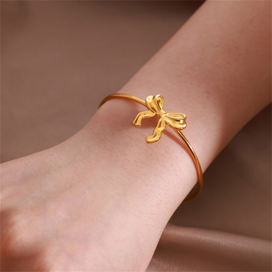 Picture of Wholesale Bowknot 304 Stainless Steel Open Cuff Bangles Bracelets, Women's Sweet & Cute Gift Jewelry Supply, 5.5cm Dia.