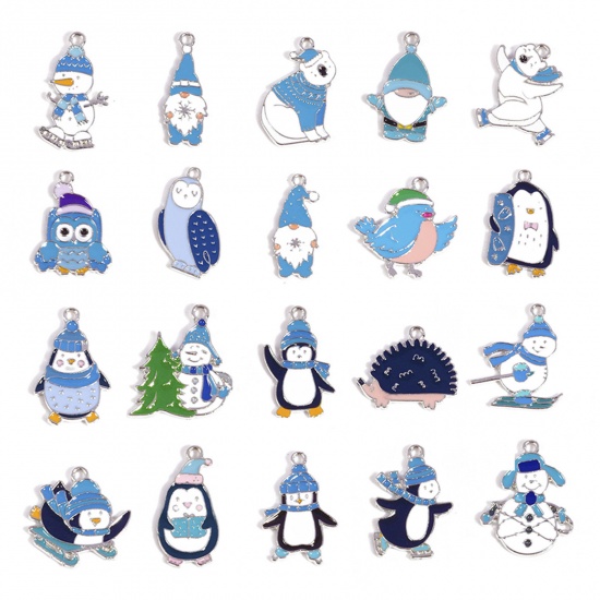 Picture of Zinc Based Alloy Charms Winter Style Silver Tone White & Blue Enamel