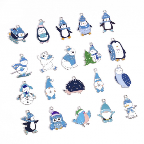 Picture of Zinc Based Alloy Charms Winter Style Silver Tone White & Blue Enamel