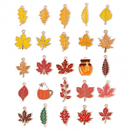 Picture of Zinc Based Alloy Autumn Fall Style Charms Gold Plated Multicolor Leaf Enamel