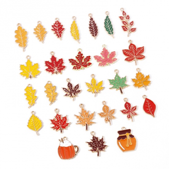 Picture of Zinc Based Alloy Autumn Fall Style Charms Gold Plated Multicolor Leaf Enamel