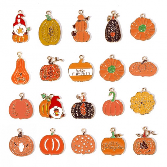 Picture of Zinc Based Alloy Autumn Fall Style Halloween Charms Gold Plated Multicolor Pumpkin Enamel