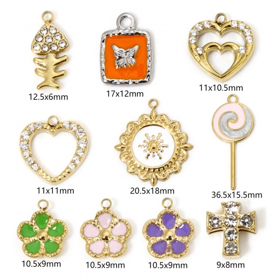 Picture of Eco-friendly Vacuum Plating 304 Stainless Steel Charmes Gold Plated Fish Animal Heart Enamel Clear Rhinestone