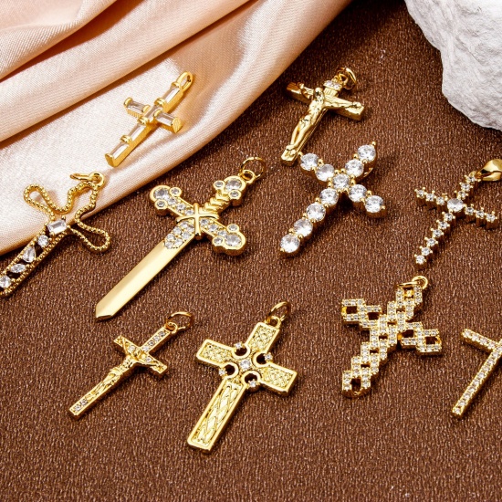 Bild von Umweltfreundlich Messing Religiös Charms Echtgold plattiert Kreuz