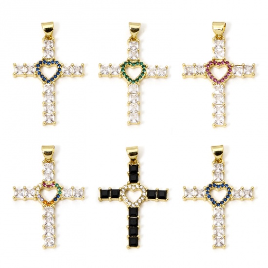 Picture of Eco-friendly Brass Religious Pendants 18K Real Gold Plated Cross Heart Micro Pave Clear Rhinestone 3.5cm x 2.3cm