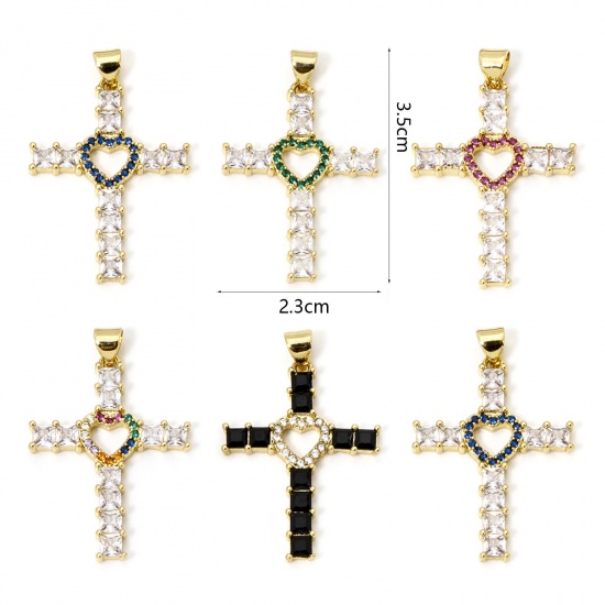 Picture of Eco-friendly Brass Religious Pendants 18K Real Gold Plated Cross Heart Micro Pave Clear Rhinestone 3.5cm x 2.3cm