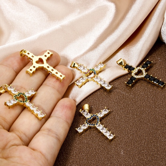 Picture of Eco-friendly Brass Religious Pendants 18K Real Gold Plated Cross Heart Micro Pave Clear Rhinestone 3.5cm x 2.3cm