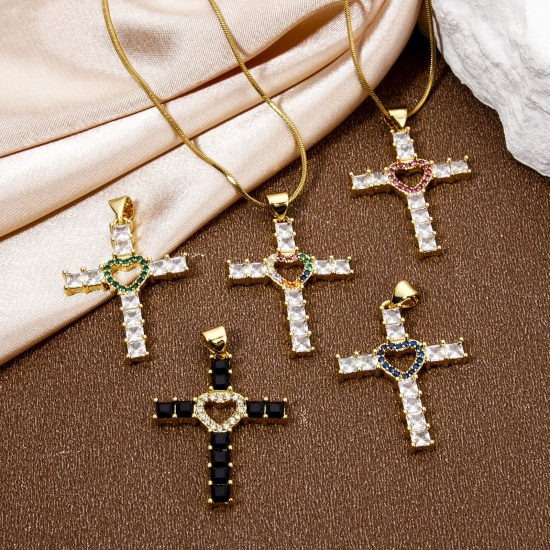 Picture of Eco-friendly Brass Religious Pendants 18K Real Gold Plated Cross Heart Micro Pave Clear Rhinestone 3.5cm x 2.3cm