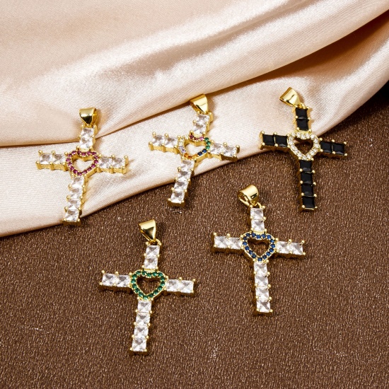 Picture of Eco-friendly Brass Religious Pendants 18K Real Gold Plated Cross Heart Micro Pave Clear Rhinestone 3.5cm x 2.3cm