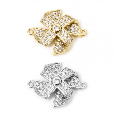 Eco-friendly Brass Micro Pave Connectors Charms Pendants Windmill Real Gold Plated 3D Clear Cubic Zirconia 20mm x 16mm
