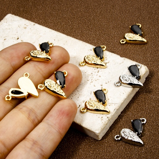 Picture of Brass Valentine's Day Connectors Charms Pendants Heart Multicolor Black Rhinestone 19mm x 14mm