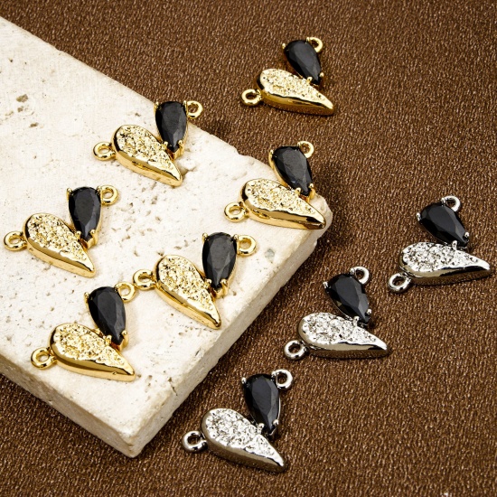 Picture of Brass Valentine's Day Connectors Charms Pendants Heart Multicolor Black Rhinestone 19mm x 14mm