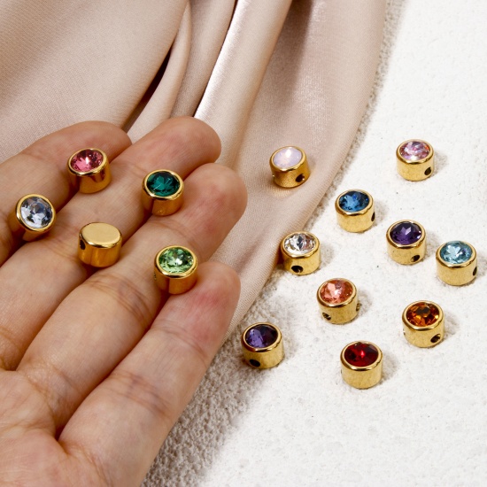 Imagen de 2 Unidades 304 Acero Inoxidable Cuentas Para Hacer Joyas De Bricolaje Plano Redondo Chapado en Oro de 18K 8mm Diámetro, Agujero: Aprox 1.6mm