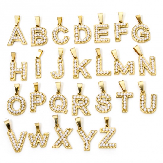 Picture of Vacuum Plating 304 Stainless Steel Charm Pendant 18K Gold Plated Capital Alphabet Initial Letter Message " A-Z " Acrylic Imitation Pearl