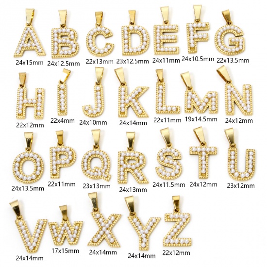 Picture of Vacuum Plating 304 Stainless Steel Charm Pendant 18K Gold Plated Capital Alphabet Initial Letter Message " A-Z " Acrylic Imitation Pearl