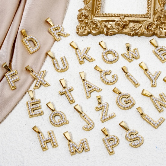 Picture of Vacuum Plating 304 Stainless Steel Charm Pendant 18K Gold Plated Capital Alphabet Initial Letter Message " A-Z " Acrylic Imitation Pearl