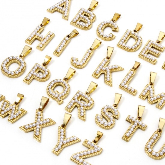 Picture of Vacuum Plating 304 Stainless Steel Charm Pendant 18K Gold Plated Capital Alphabet Initial Letter Message " A-Z " Acrylic Imitation Pearl