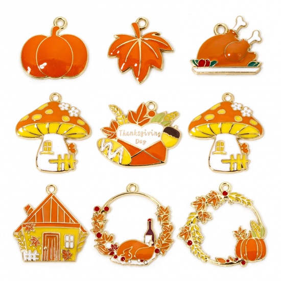 Picture of Zinc Based Alloy Thanksgiving Day Autumn Fall Style Charms Gold Plated Orange Enamel