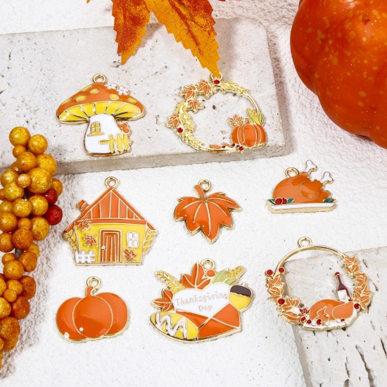 Picture of Zinc Based Alloy Thanksgiving Day Autumn Fall Style Charms Gold Plated Orange Enamel