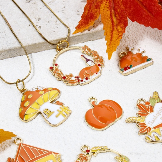 Picture of Zinc Based Alloy Thanksgiving Day Autumn Fall Style Charms Gold Plated Orange Enamel