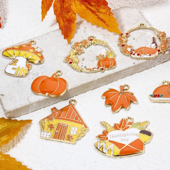 Picture of Zinc Based Alloy Thanksgiving Day Autumn Fall Style Charms Gold Plated Orange Enamel