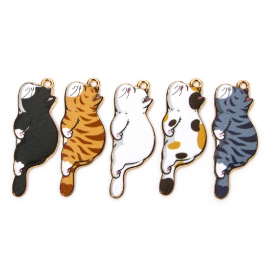 Picture of Zinc Based Alloy Pendants Gold Plated Multicolor Cat Animal Enamel 3.5cm x 1.3cm