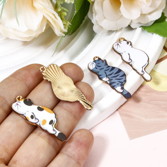 Picture of Zinc Based Alloy Pendants Gold Plated Multicolor Cat Animal Enamel 3.5cm x 1.3cm