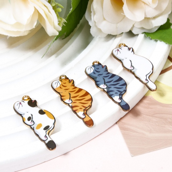 Picture of Zinc Based Alloy Pendants Gold Plated Multicolor Cat Animal Enamel 3.5cm x 1.3cm