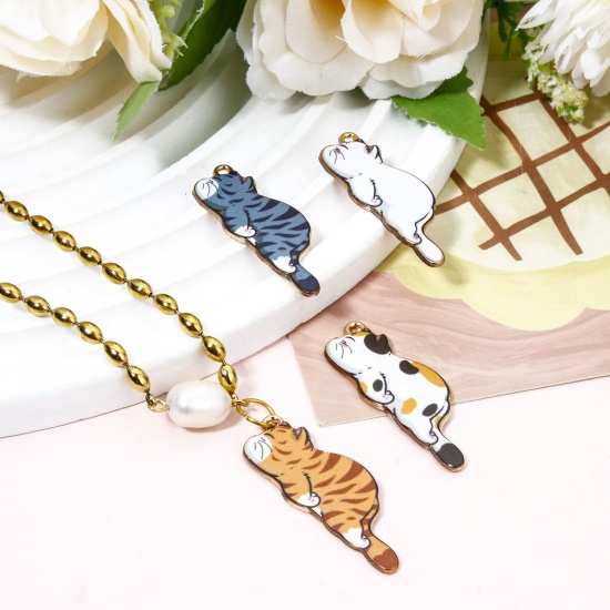 Picture of Zinc Based Alloy Pendants Gold Plated Multicolor Cat Animal Enamel 3.5cm x 1.3cm