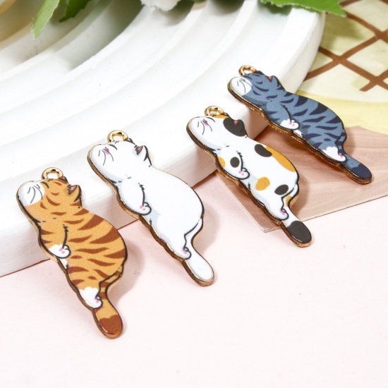 Picture of Zinc Based Alloy Pendants Gold Plated Multicolor Cat Animal Enamel 3.5cm x 1.3cm