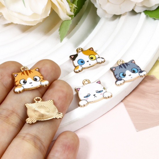 Picture of Zinc Based Alloy Charms Gold Plated Cat Animal Enamel 18mm x 16mm