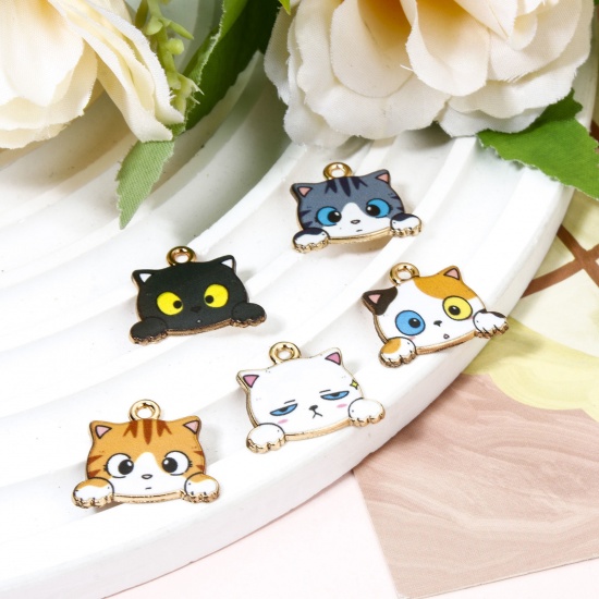 Picture of Zinc Based Alloy Charms Gold Plated Cat Animal Enamel 18mm x 16mm