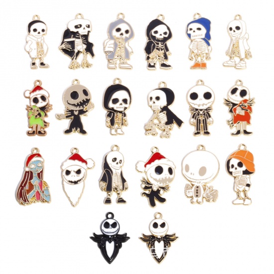 Picture of Zinc Based Alloy Halloween Pendants Gold Plated Multicolor Skeleton Skull Enamel