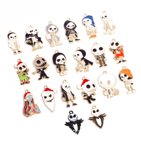 Picture of Zinc Based Alloy Halloween Pendants Gold Plated Multicolor Skeleton Skull Enamel