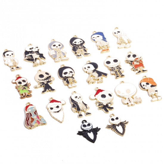 Picture of Zinc Based Alloy Halloween Pendants Gold Plated Multicolor Skeleton Skull Enamel